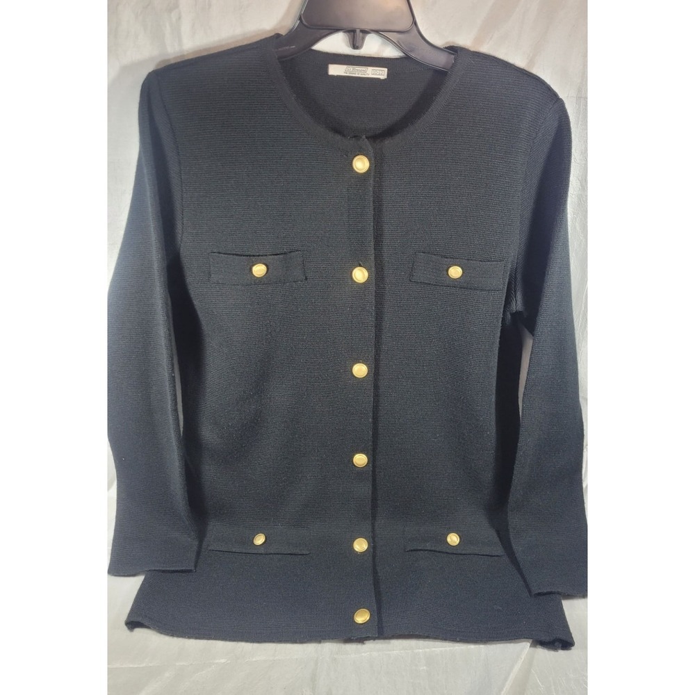 St Bernard Women's Wool Blend Gold Button-Up Cardigan Sweater - Black 10/12